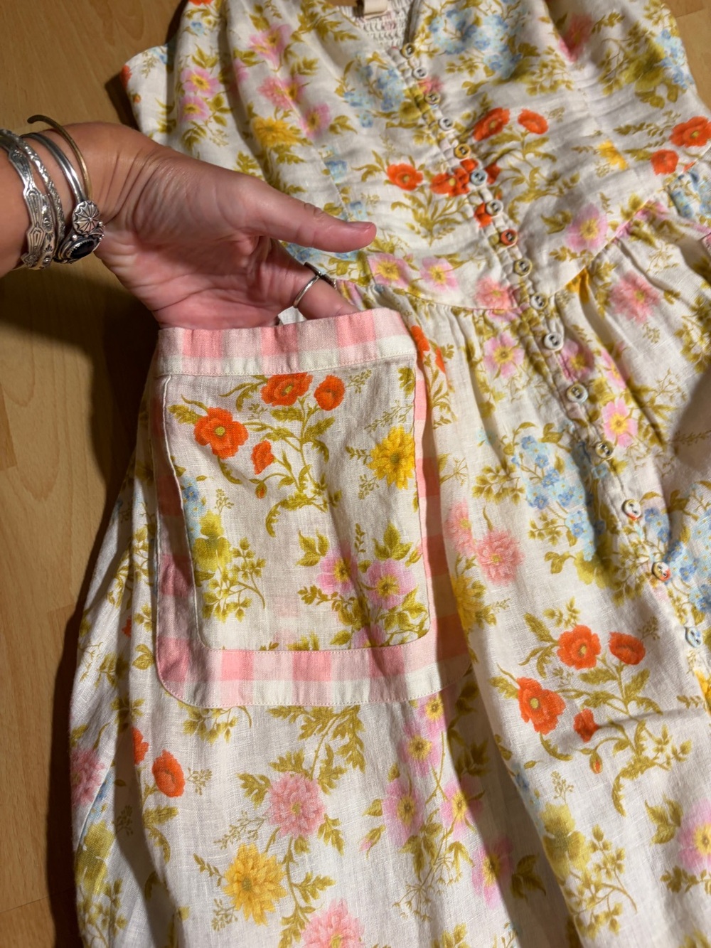 Spell Flora Linen Midi Dress Patch Pockets Large Cottage Whimsical‎ - Picture 9 of 16